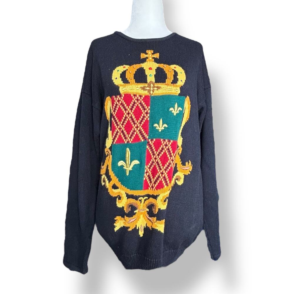 Vintage 90s Marisa Christina Black Knit Crewneck Crest Coat of Arms Sweater - Picture 12 of 13